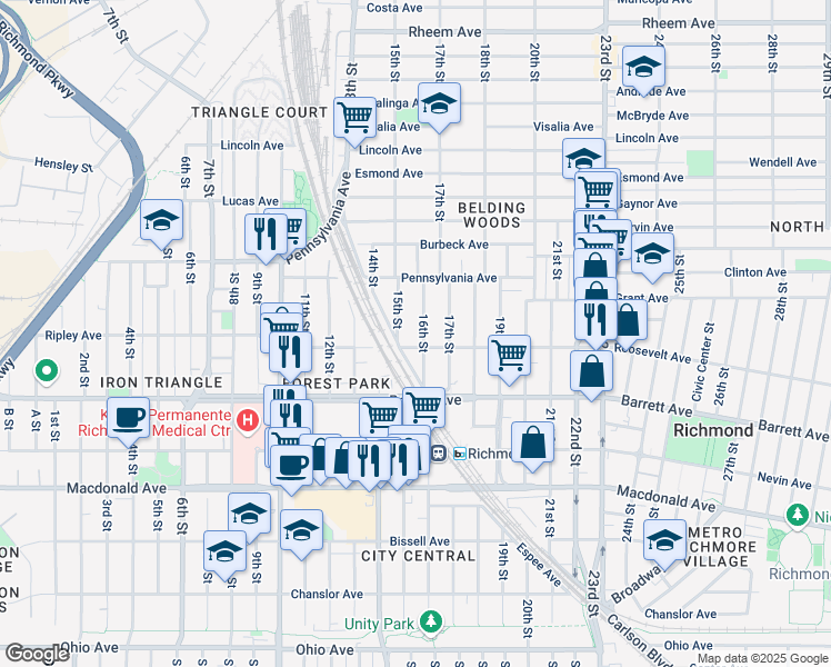 map of restaurants, bars, coffee shops, grocery stores, and more near 611 16th Street in Richmond