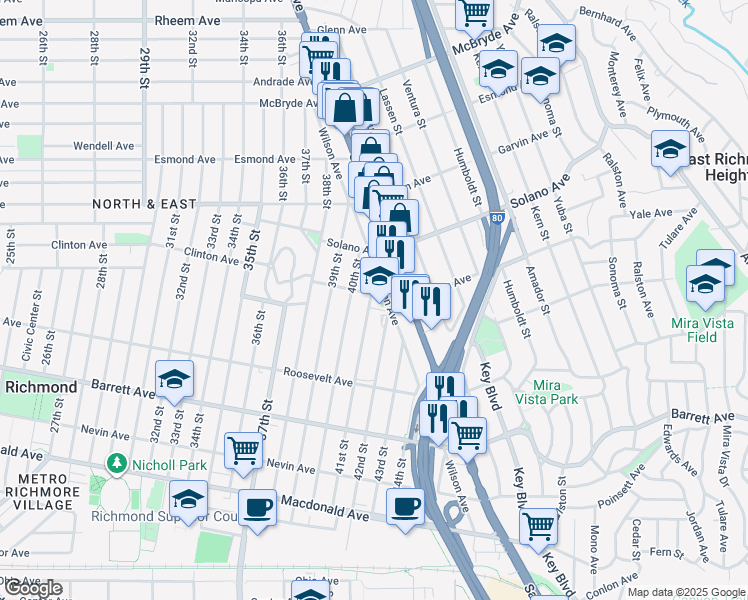 map of restaurants, bars, coffee shops, grocery stores, and more near 4100 Clinton Avenue in Richmond