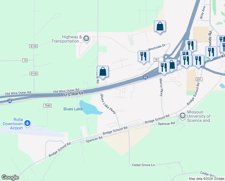 map of restaurants, bars, coffee shops, grocery stores, and more near 1701 Martin Spring Drive in Rolla