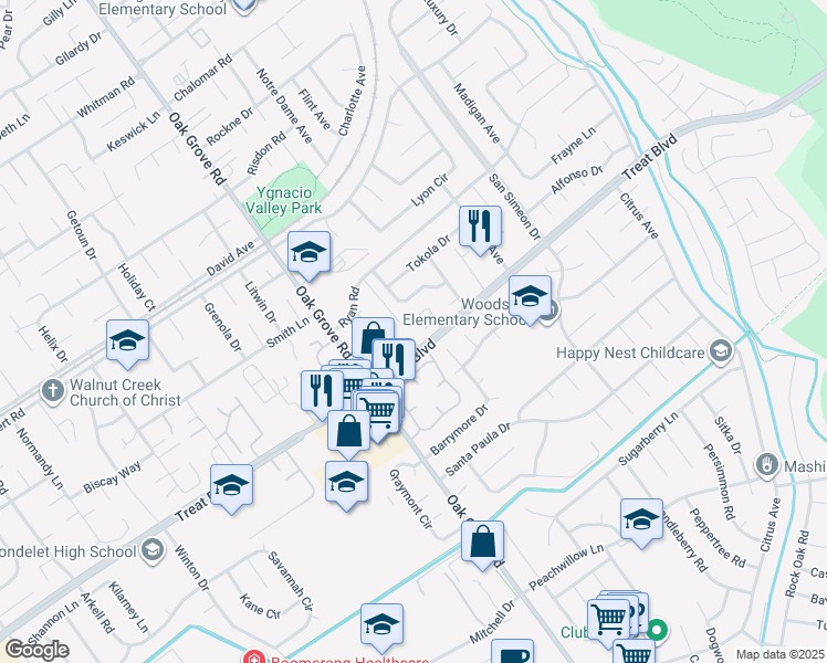 map of restaurants, bars, coffee shops, grocery stores, and more near 3055 Treat Boulevard in Concord