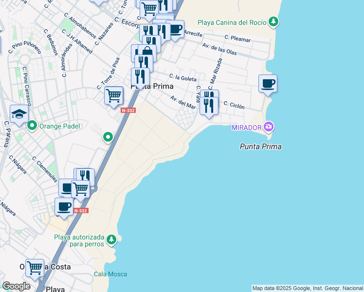map of restaurants, bars, coffee shops, grocery stores, and more near 25 Calle Fragata P Pr in Orihuela
