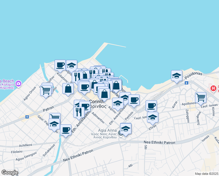 map of restaurants, bars, coffee shops, grocery stores, and more near in Korinthos
