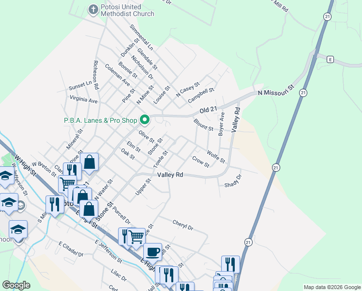 map of restaurants, bars, coffee shops, grocery stores, and more near 306 Hawthorne Street in Potosi