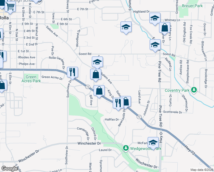 map of restaurants, bars, coffee shops, grocery stores, and more near 13 King Drive in Rolla
