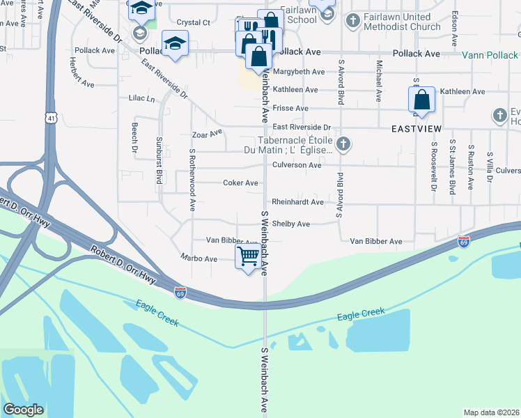 map of restaurants, bars, coffee shops, grocery stores, and more near 2820 South Weinbach Avenue in Evansville