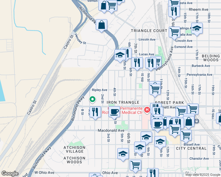 map of restaurants, bars, coffee shops, grocery stores, and more near 305 Ripley Avenue in Richmond