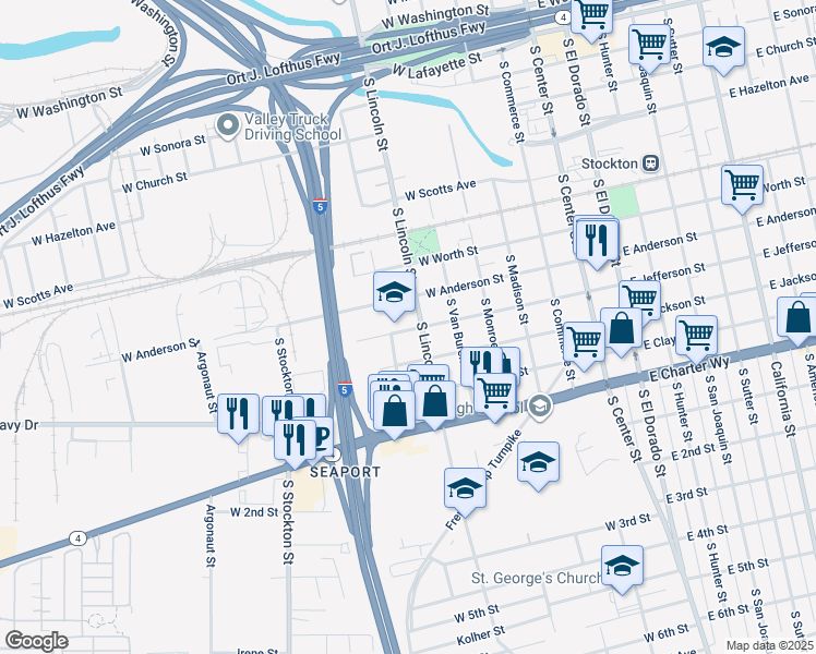 map of restaurants, bars, coffee shops, grocery stores, and more near 1030 South Lincoln Street in Stockton