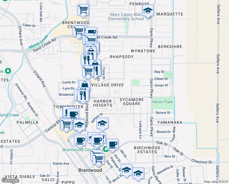 map of restaurants, bars, coffee shops, grocery stores, and more near 1100 Sycamore Court in Brentwood