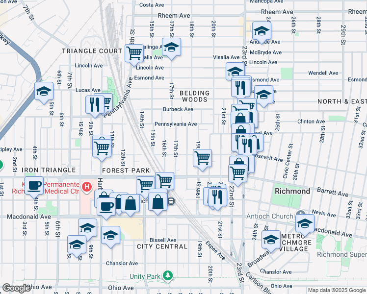 map of restaurants, bars, coffee shops, grocery stores, and more near 626 17th Street in Richmond