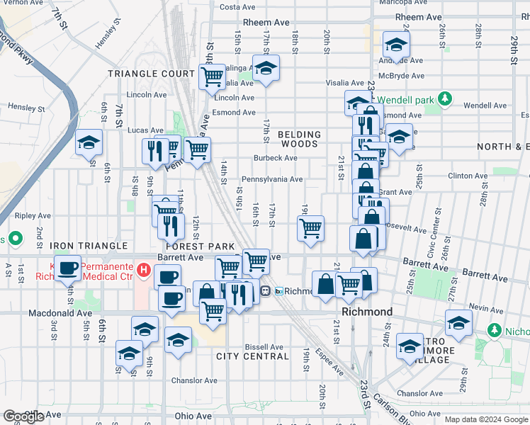 map of restaurants, bars, coffee shops, grocery stores, and more near 626 17th Street in Richmond