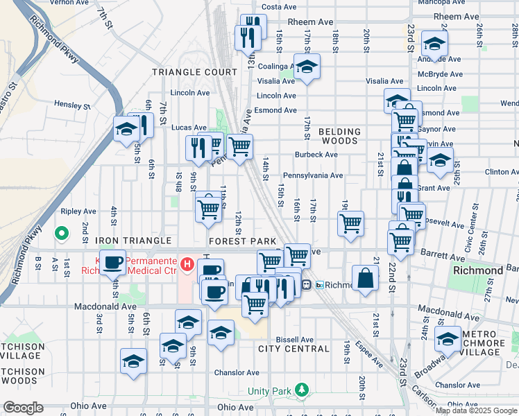 map of restaurants, bars, coffee shops, grocery stores, and more near 1101 13th Street in Richmond