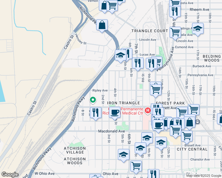 map of restaurants, bars, coffee shops, grocery stores, and more near 631 3rd Street in Richmond