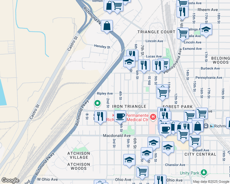 map of restaurants, bars, coffee shops, grocery stores, and more near 631 3rd Street in Richmond