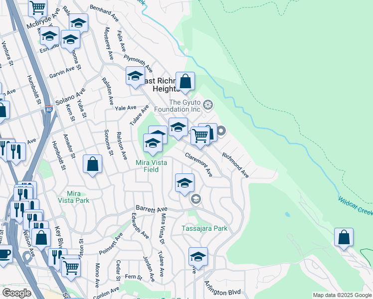 map of restaurants, bars, coffee shops, grocery stores, and more near 1637 Cypress Avenue in Richmond