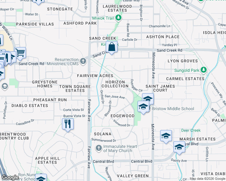 map of restaurants, bars, coffee shops, grocery stores, and more near 1335 Willowwood Court in Brentwood