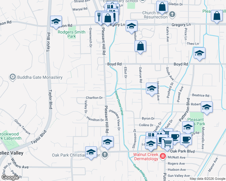 map of restaurants, bars, coffee shops, grocery stores, and more near 60 Karol Lane in Pleasant Hill
