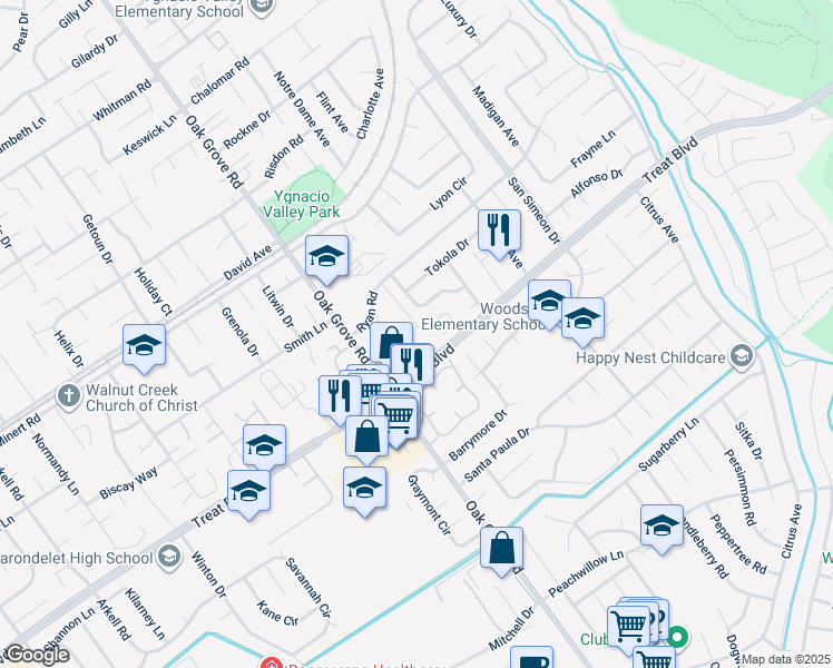 map of restaurants, bars, coffee shops, grocery stores, and more near 3055 Treat Boulevard in Concord