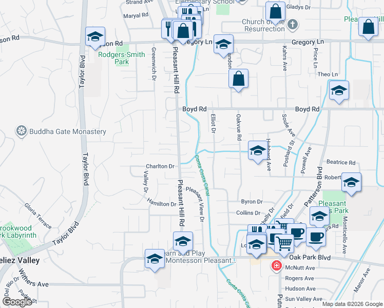 map of restaurants, bars, coffee shops, grocery stores, and more near 30 Kelsey Court in Pleasant Hill