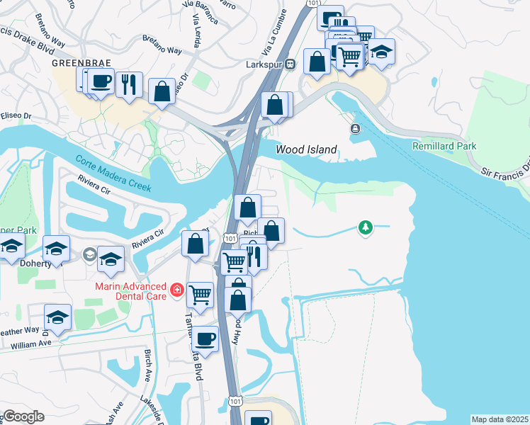 map of restaurants, bars, coffee shops, grocery stores, and more near Redwood Highway in Larkspur