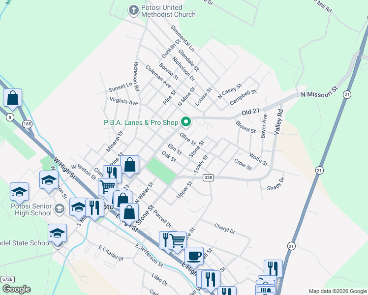 map of restaurants, bars, coffee shops, grocery stores, and more near 811 Bond Street in Potosi