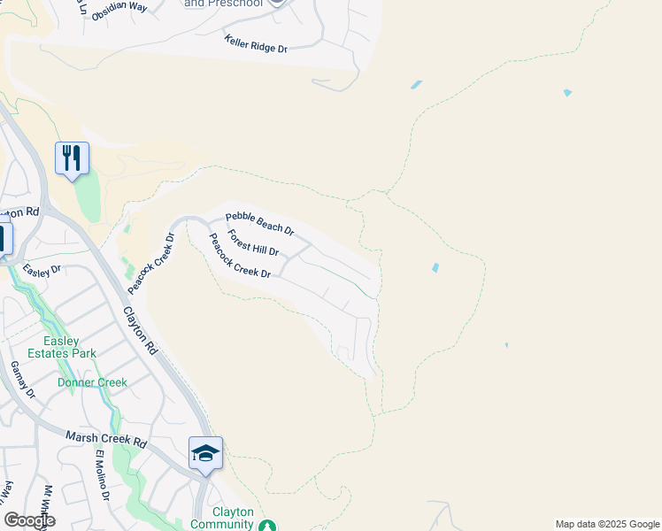map of restaurants, bars, coffee shops, grocery stores, and more near 1040 Pebble Beach Drive in Clayton