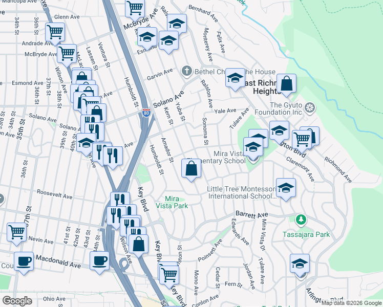 map of restaurants, bars, coffee shops, grocery stores, and more near 5526 Sierra Avenue in Richmond