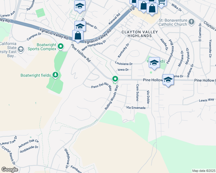 map of restaurants, bars, coffee shops, grocery stores, and more near 5340 Paso Del Rio Way in Concord