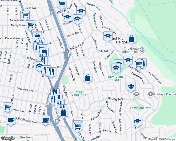 map of restaurants, bars, coffee shops, grocery stores, and more near 5526 Sierra Avenue in Richmond