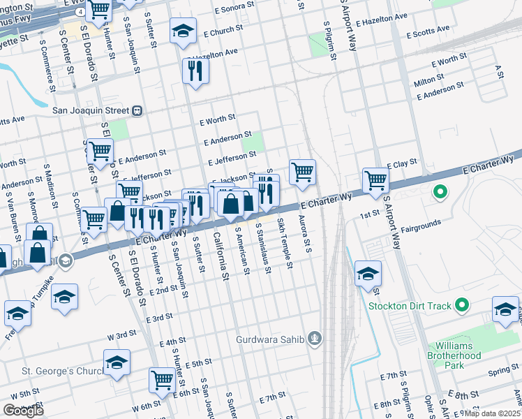 map of restaurants, bars, coffee shops, grocery stores, and more near 1318 South Stanislaus Street in Stockton