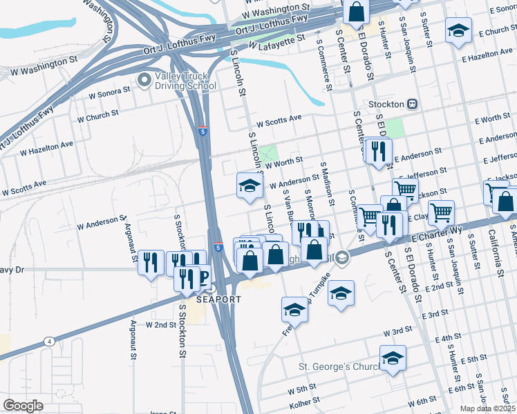 map of restaurants, bars, coffee shops, grocery stores, and more near 1030 South Lincoln Street in Stockton