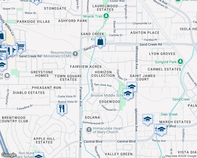map of restaurants, bars, coffee shops, grocery stores, and more near 1343 Willowwood Court in Brentwood