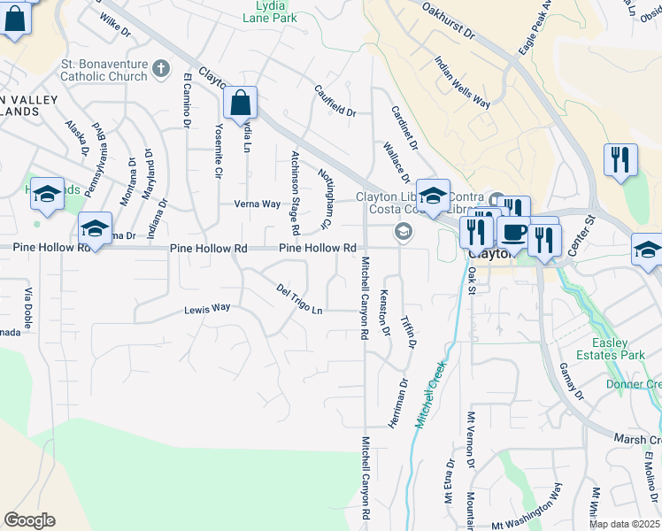 map of restaurants, bars, coffee shops, grocery stores, and more near 5800 Pine Hollow Road in Clayton