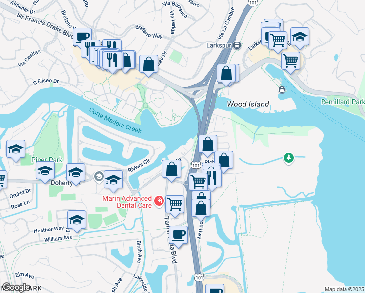 map of restaurants, bars, coffee shops, grocery stores, and more near 22 Lucky Drive in Marin County