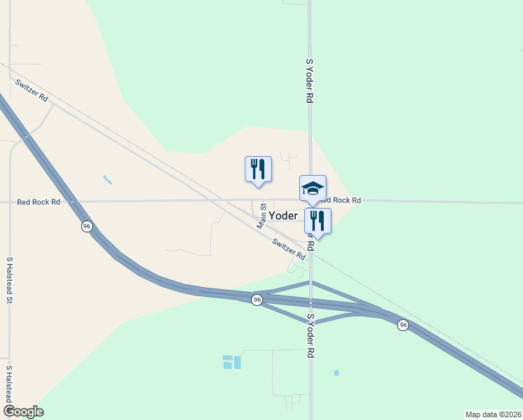 map of restaurants, bars, coffee shops, grocery stores, and more near 9809 South Main Street in Yoder