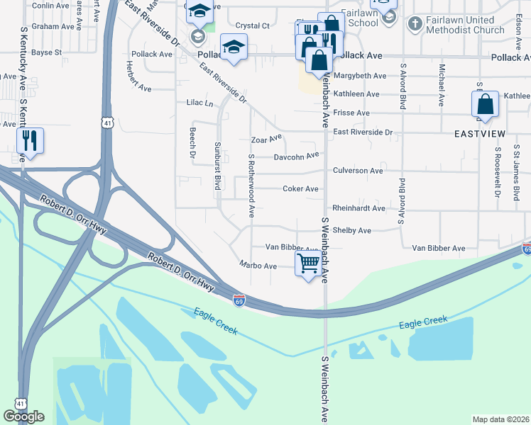 map of restaurants, bars, coffee shops, grocery stores, and more near 1701 Rheinhardt Ave in Evansville
