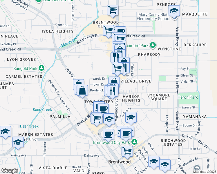 map of restaurants, bars, coffee shops, grocery stores, and more near 127 Lynn Drive in Brentwood
