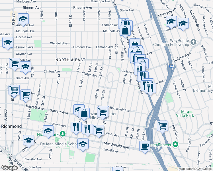 map of restaurants, bars, coffee shops, grocery stores, and more near 681 36th Street in Richmond