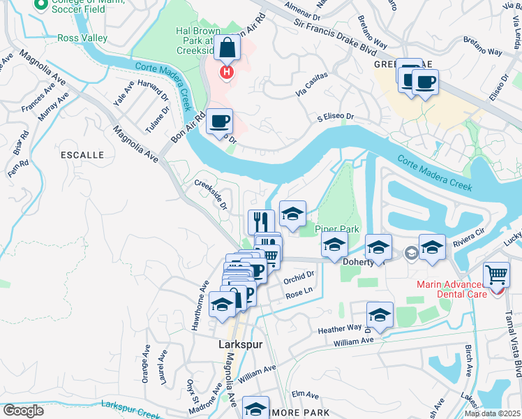 map of restaurants, bars, coffee shops, grocery stores, and more near 12 Boardwalk One in Larkspur