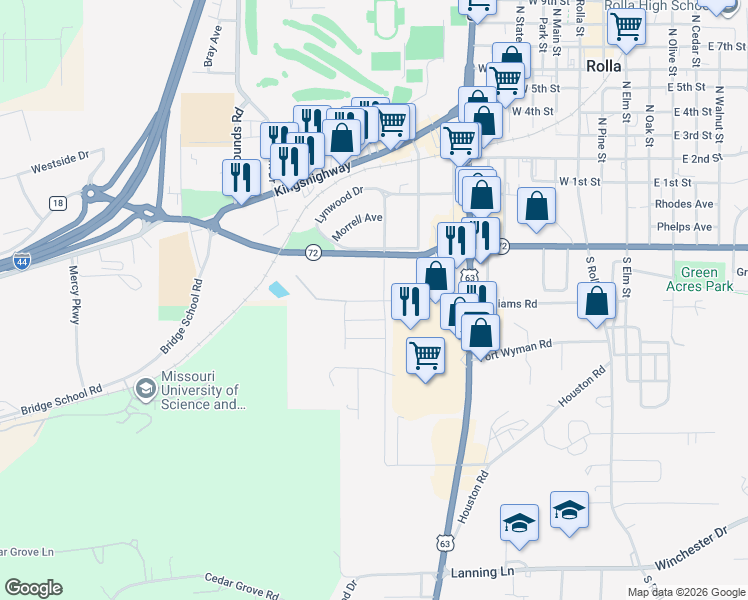 map of restaurants, bars, coffee shops, grocery stores, and more near 1102 Strobach Street in Rolla