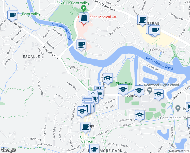 map of restaurants, bars, coffee shops, grocery stores, and more near 282 Larkspur Plaza Drive in Larkspur