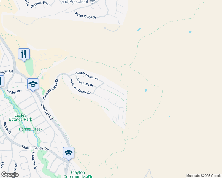 map of restaurants, bars, coffee shops, grocery stores, and more near 1040 Pebble Beach Drive in Clayton