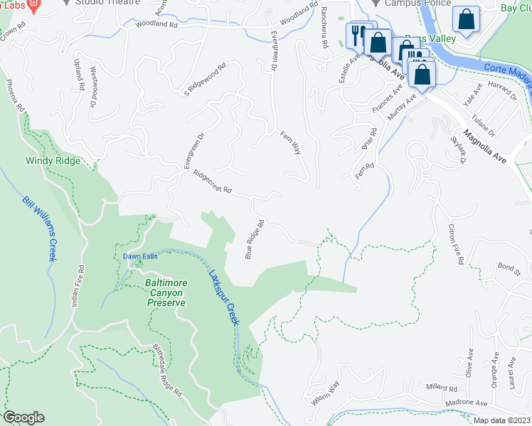 map of restaurants, bars, coffee shops, grocery stores, and more near 65 Ridgecrest Road in Kentfield
