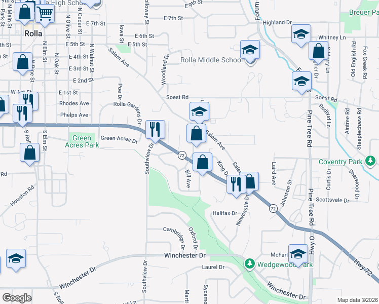 map of restaurants, bars, coffee shops, grocery stores, and more near 6 Summit Avenue in Rolla