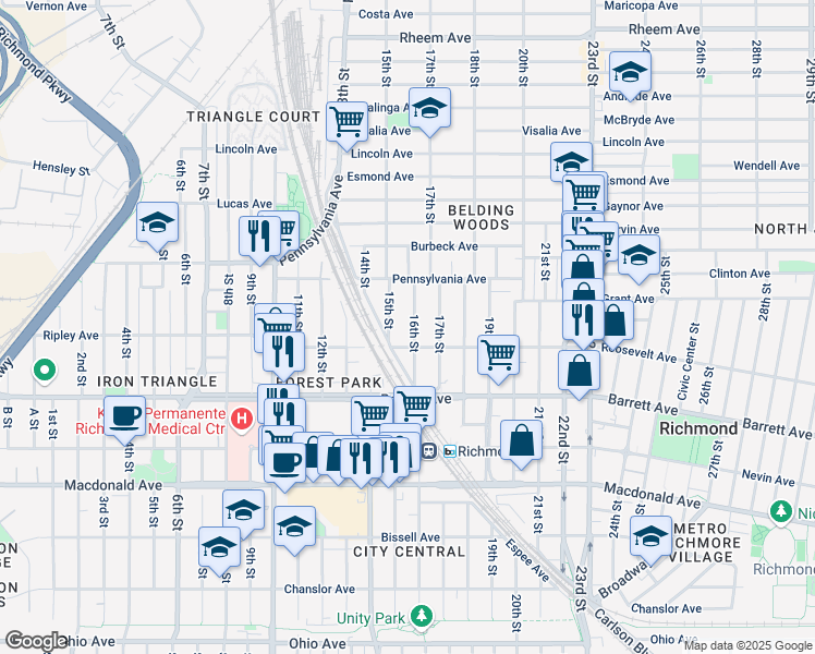 map of restaurants, bars, coffee shops, grocery stores, and more near 628 15th Street in Richmond
