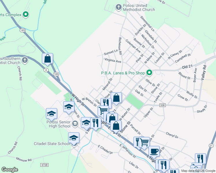 map of restaurants, bars, coffee shops, grocery stores, and more near 503 Mineral Street in Potosi