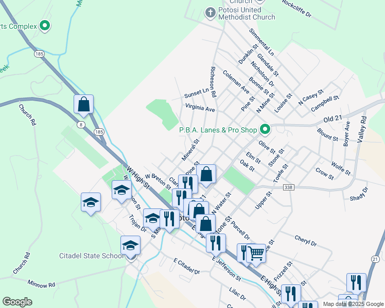 map of restaurants, bars, coffee shops, grocery stores, and more near 503 Mineral Street in Potosi