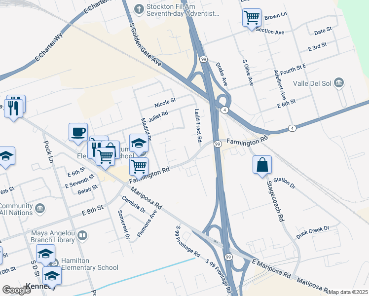 map of restaurants, bars, coffee shops, grocery stores, and more near 3319 Farmington Road in Stockton