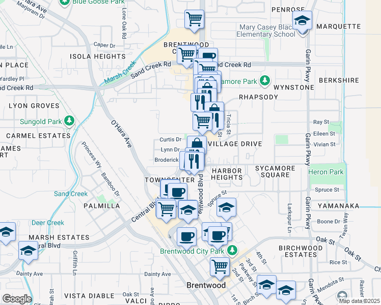 map of restaurants, bars, coffee shops, grocery stores, and more near 7883 Brentwood Boulevard in Brentwood