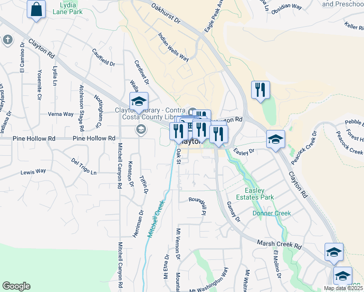 map of restaurants, bars, coffee shops, grocery stores, and more near in Clayton