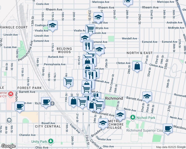 map of restaurants, bars, coffee shops, grocery stores, and more near 628 23rd Street in Richmond